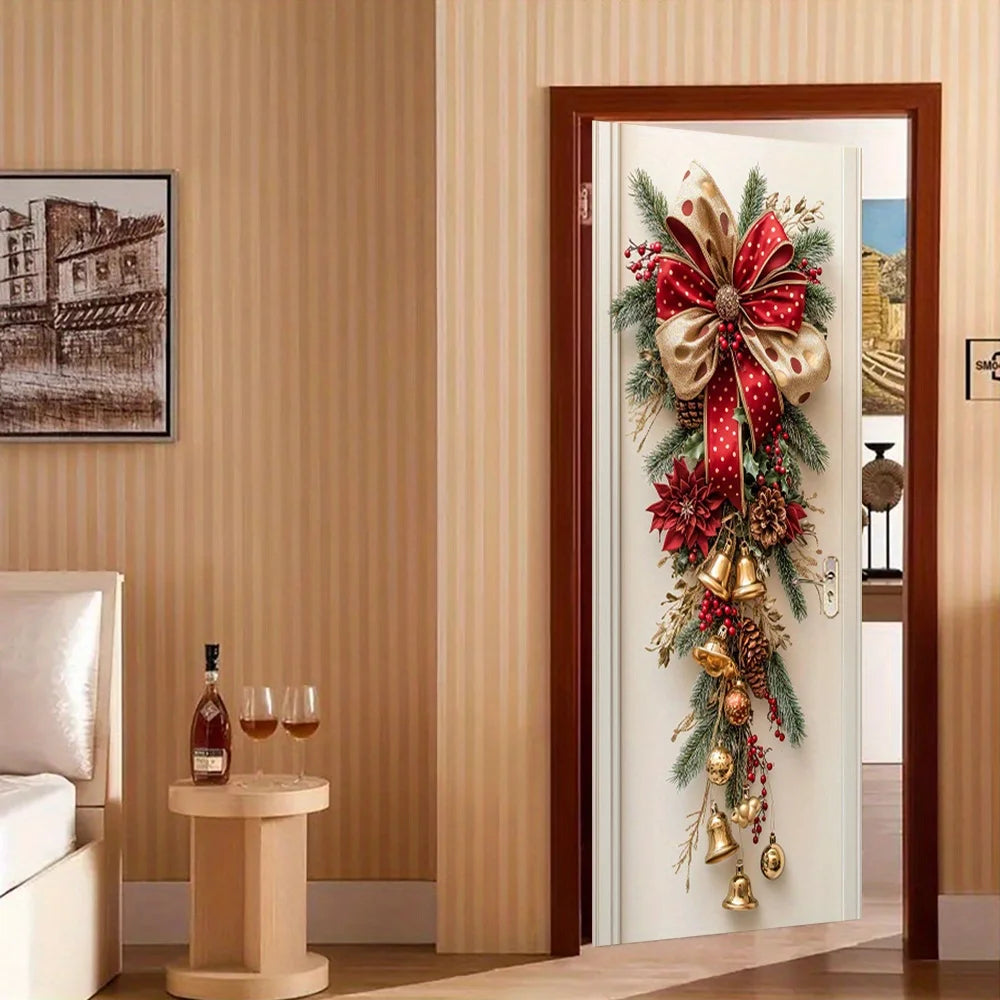 Christmas Wall Decoration with Red Bells & Green Leaves