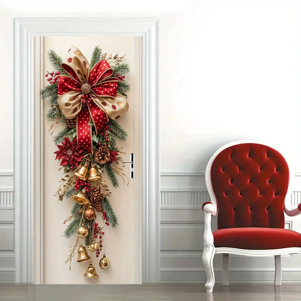 Christmas Wall Decoration with Red Bells & Green Leaves