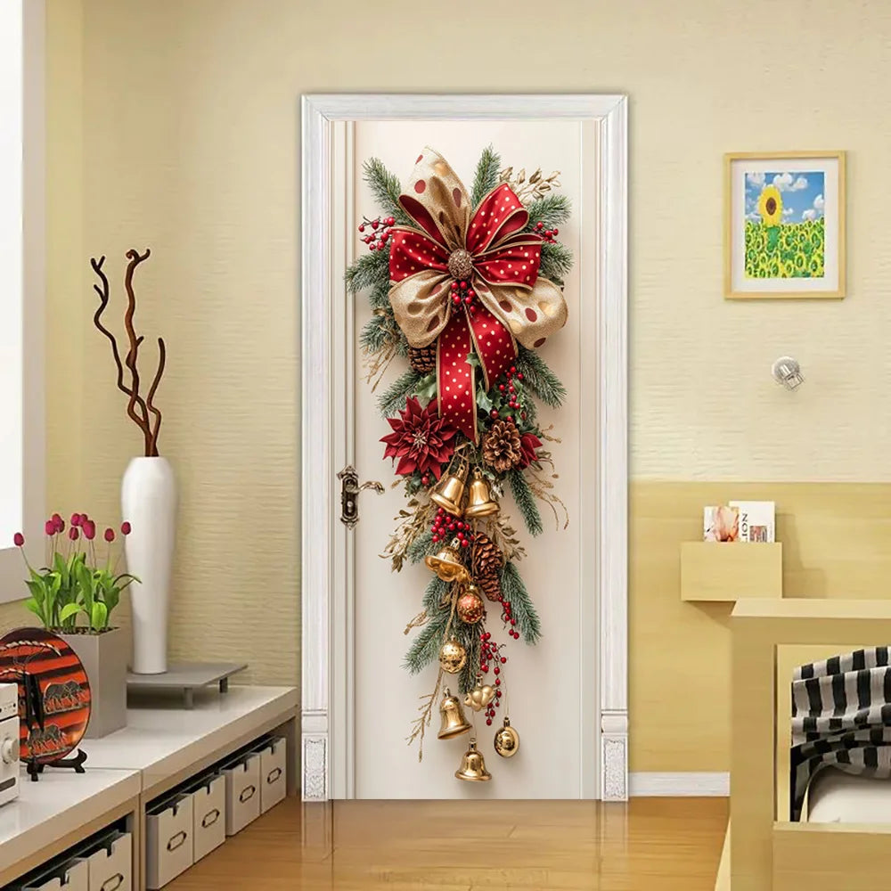 Christmas Wall Decoration with Red Bells & Green Leaves