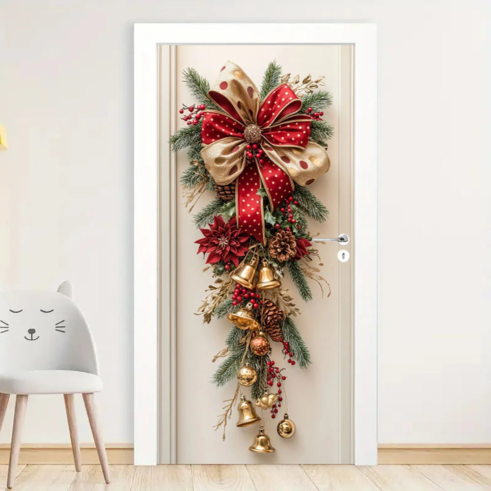 Christmas Wall Decoration with Red Bells & Green Leaves