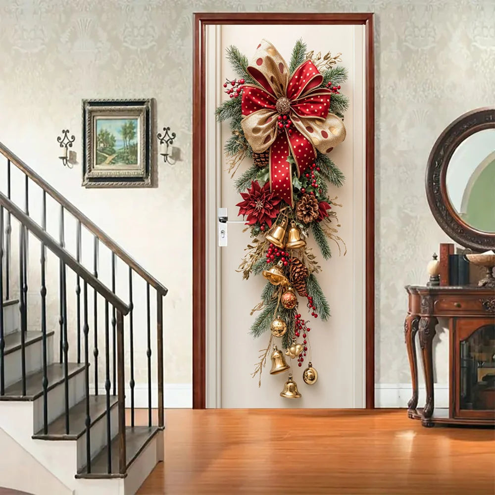 Christmas Wall Decoration with Red Bells & Green Leaves