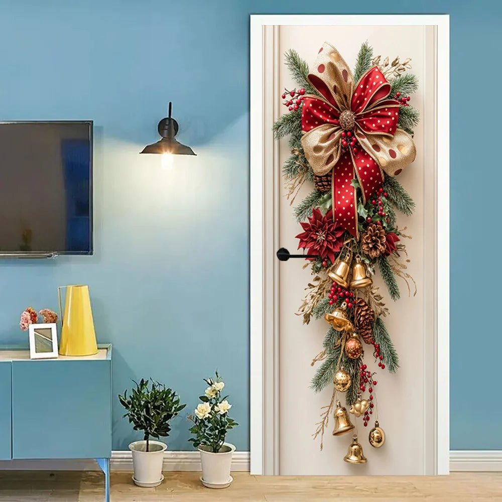 Christmas Wall Decoration with Red Bells & Green Leaves